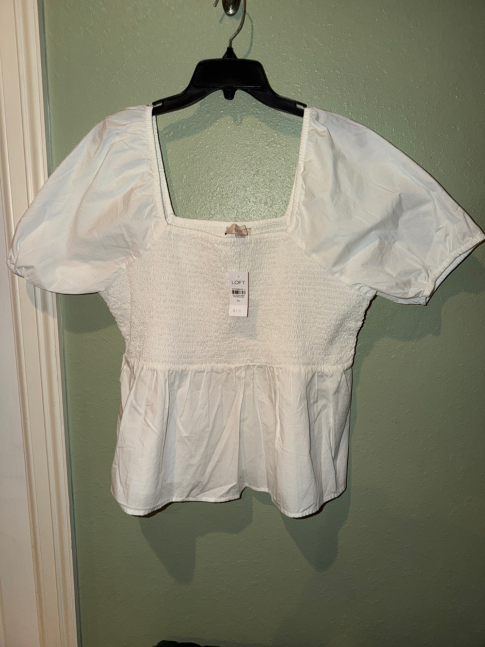 LOFT White Smocked Square Neck Puff Sleeve Peplum Top